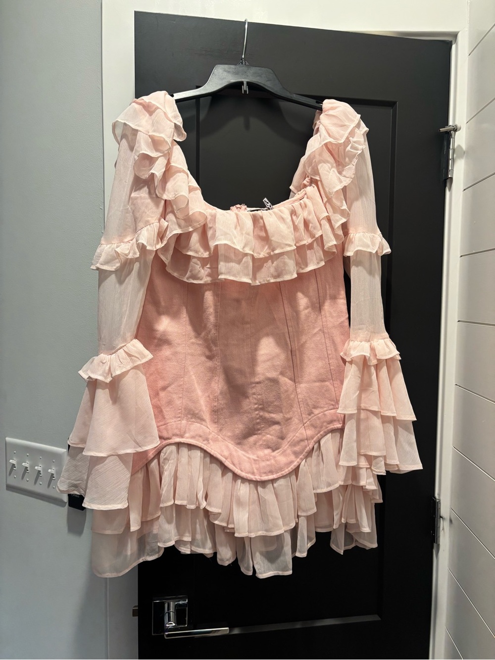 ASOS LUXE denim corset mini dress chiffon sleeves & hem Sz 8 Pink NWT Ruffle